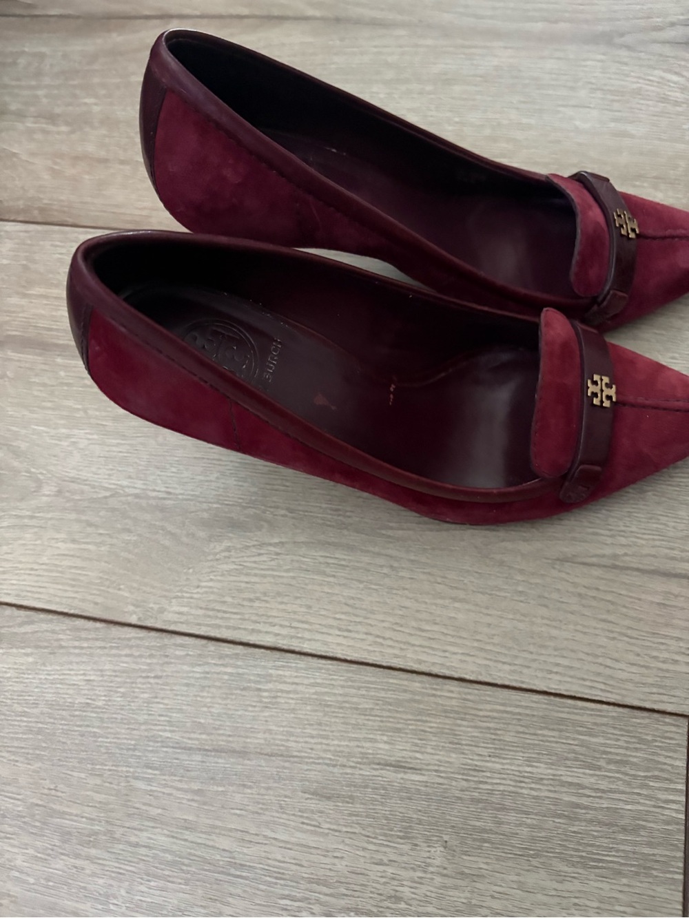 Tory Burch Burgundy Suede Pointed Flats with Gold Logo
